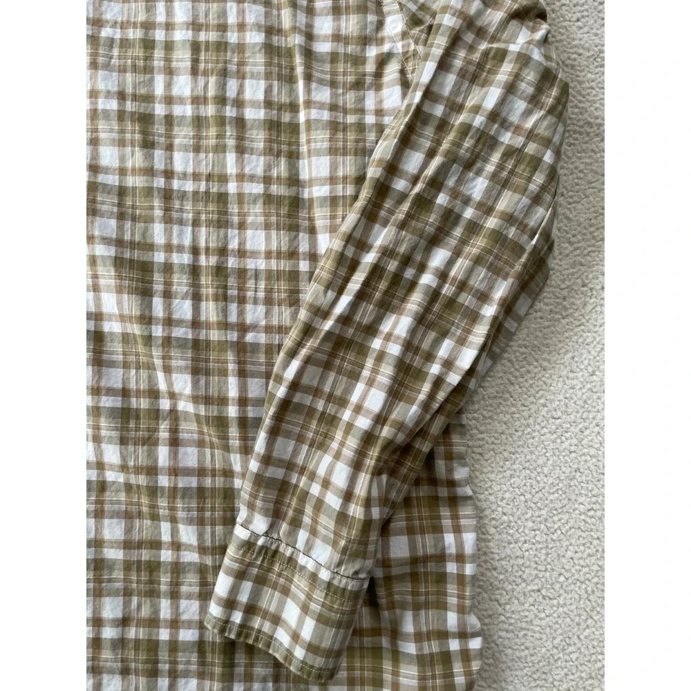Banana Republic Mens Large Button Down Shirt Tan Plaid Untucked Fit Long Sleeve